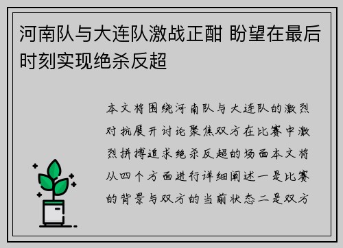 河南队与大连队激战正酣 盼望在最后时刻实现绝杀反超